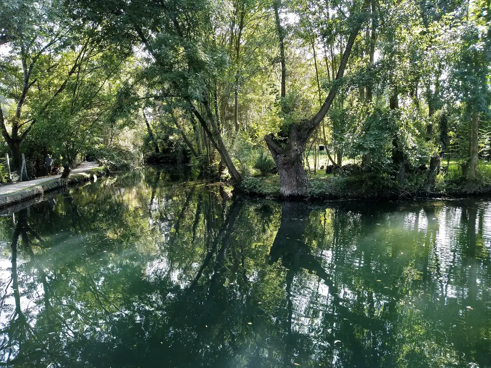 Coulant d’eau calme bordé d’arbres et de jardins dans les marais de Bourges