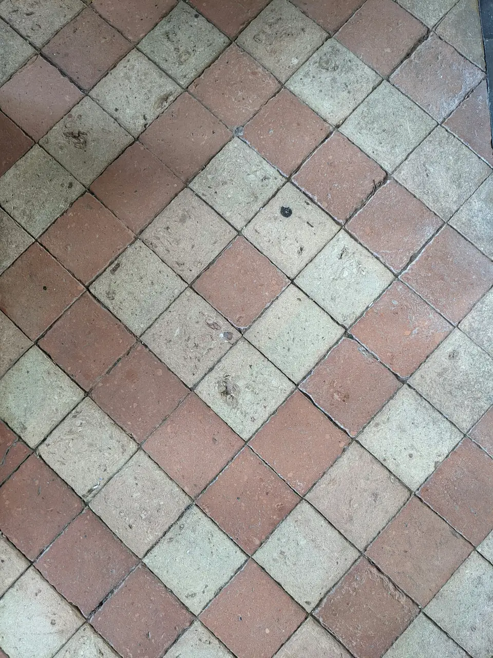 Ancien sol en carreaux de terre cuite et de grès clair posés en diagonale